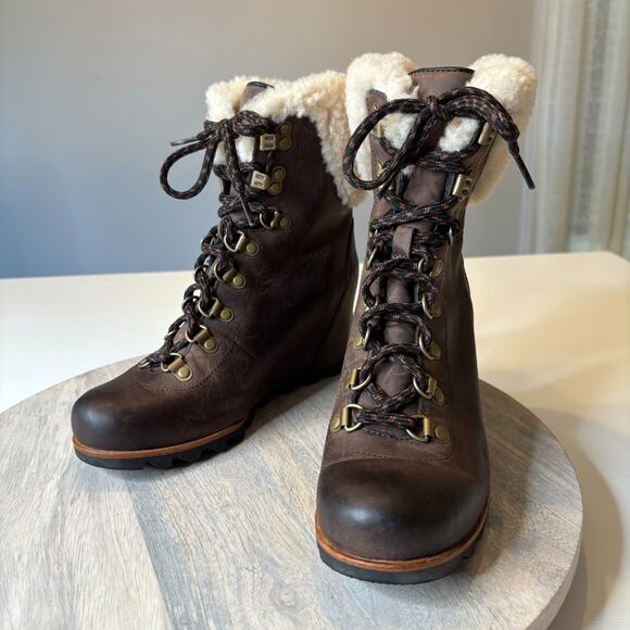 Sorel Conquest Wedge II Shearling Lace Up Boots Brown Leather Size 8 - Picture 3 of 12